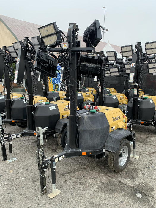 2021 Allmand NLV3GR (4) LED Light Fixture 350W, 23' Vertical Mast, 3kW Prime, Towable, Deep Sea L401, Leveling Jacks, Yanmar T4F 5.8hp