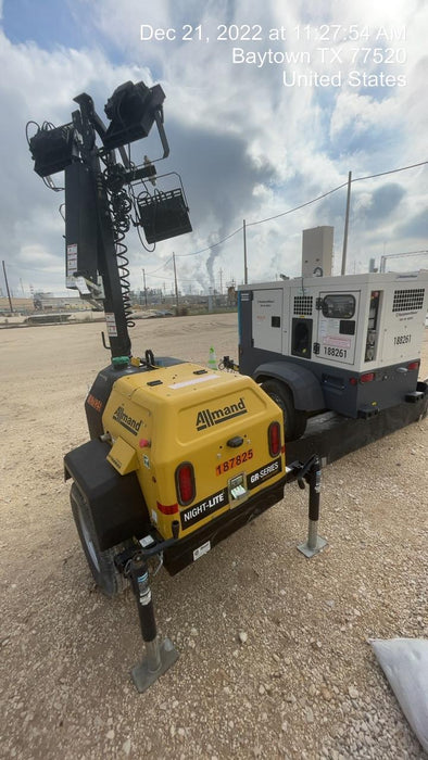 Allmand NLV3GR (4) LED Light Fixture 350W, 23' Vertical Mast, 3kW Prime, Towable, Deep Sea L401, Leveling Jacks, Yanmar T4F 5.8hp