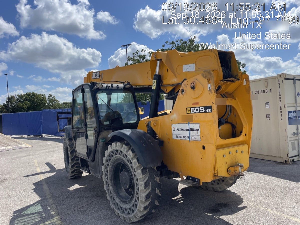 2019 JCB 509-42 JCB 509-42 Enclosed Cab, 74 HP, Solid Tires, Worklights, Beacon, Aux Hydraulics, Lifting Eye, 60" Carriage/60" Forks