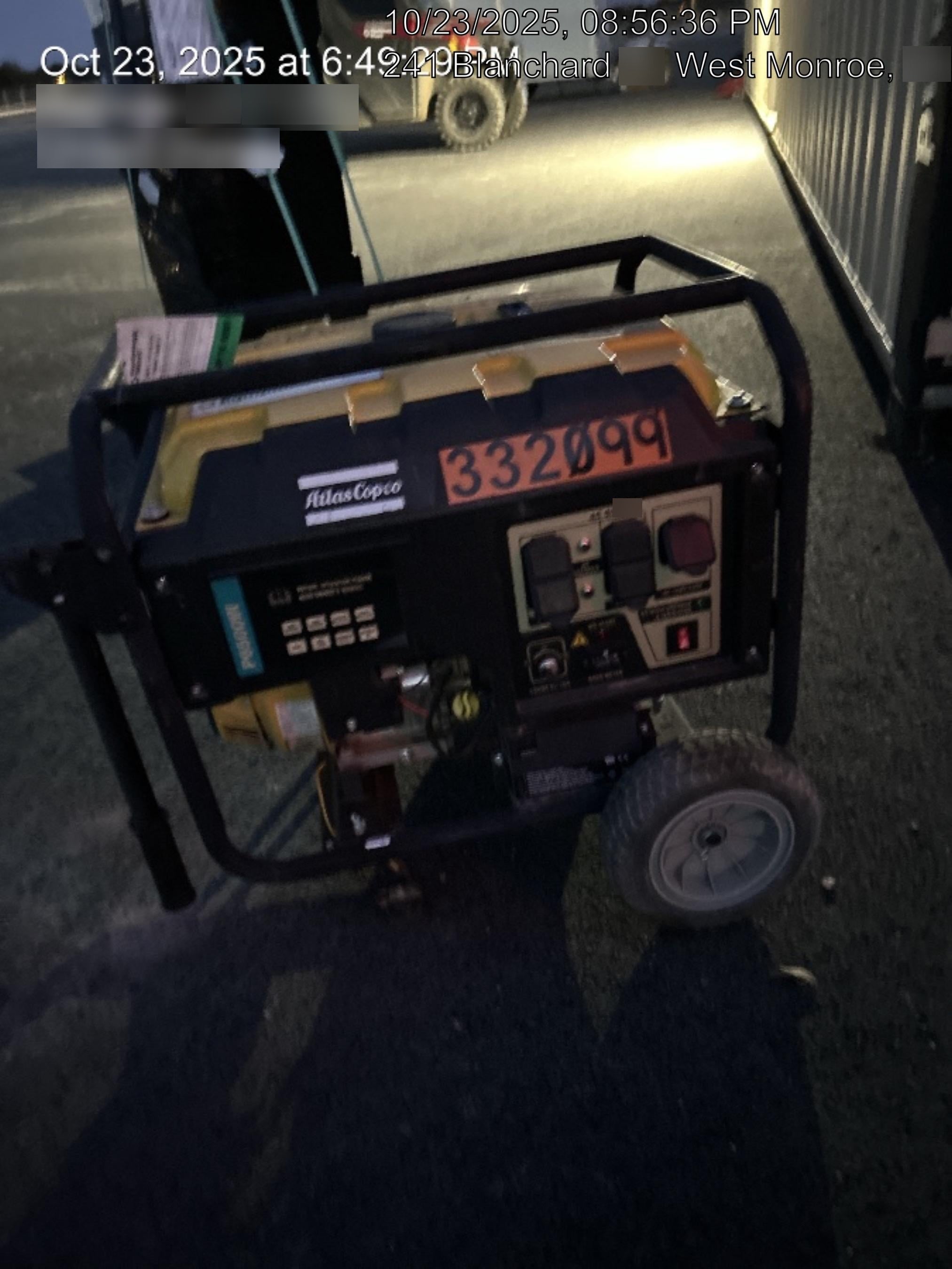 2023 Atlas Copco P6500W 5.5kW, AC390FD Gasoline Engine, Wheel & Handle Kit, (2) 120V Duplex 15A + (1) 120/240V 30A Twist Lock