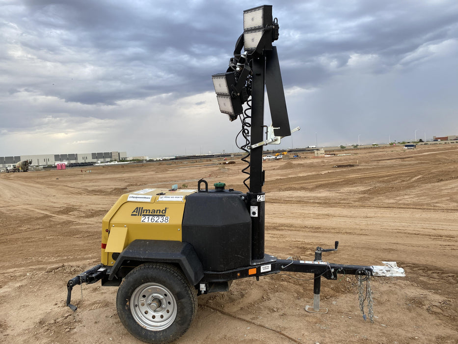 2022 Allmand NLV3GR (4) LED Light Fixture 350W, 23' Vertical Mast, 3kW Prime, Towable, Deep Sea L401, Leveling Jacks, Yanmar T4F 5.8hp