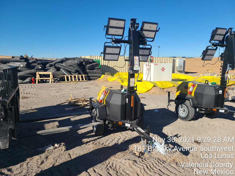 2021 Allmand NLV3GR (4) LED Light Fixture 350W, 23' Vertical Mast, 3kW Prime, Towable, Deep Sea L401, Leveling Jacks, Yanmar T4F 5.8hp