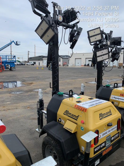 2021 Allmand NLV3GR (4) LED Light Fixture 350W, 23' Vertical Mast, 3kW Prime, Towable, Deep Sea L401, Leveling Jacks, Yanmar T4F 5.8hp