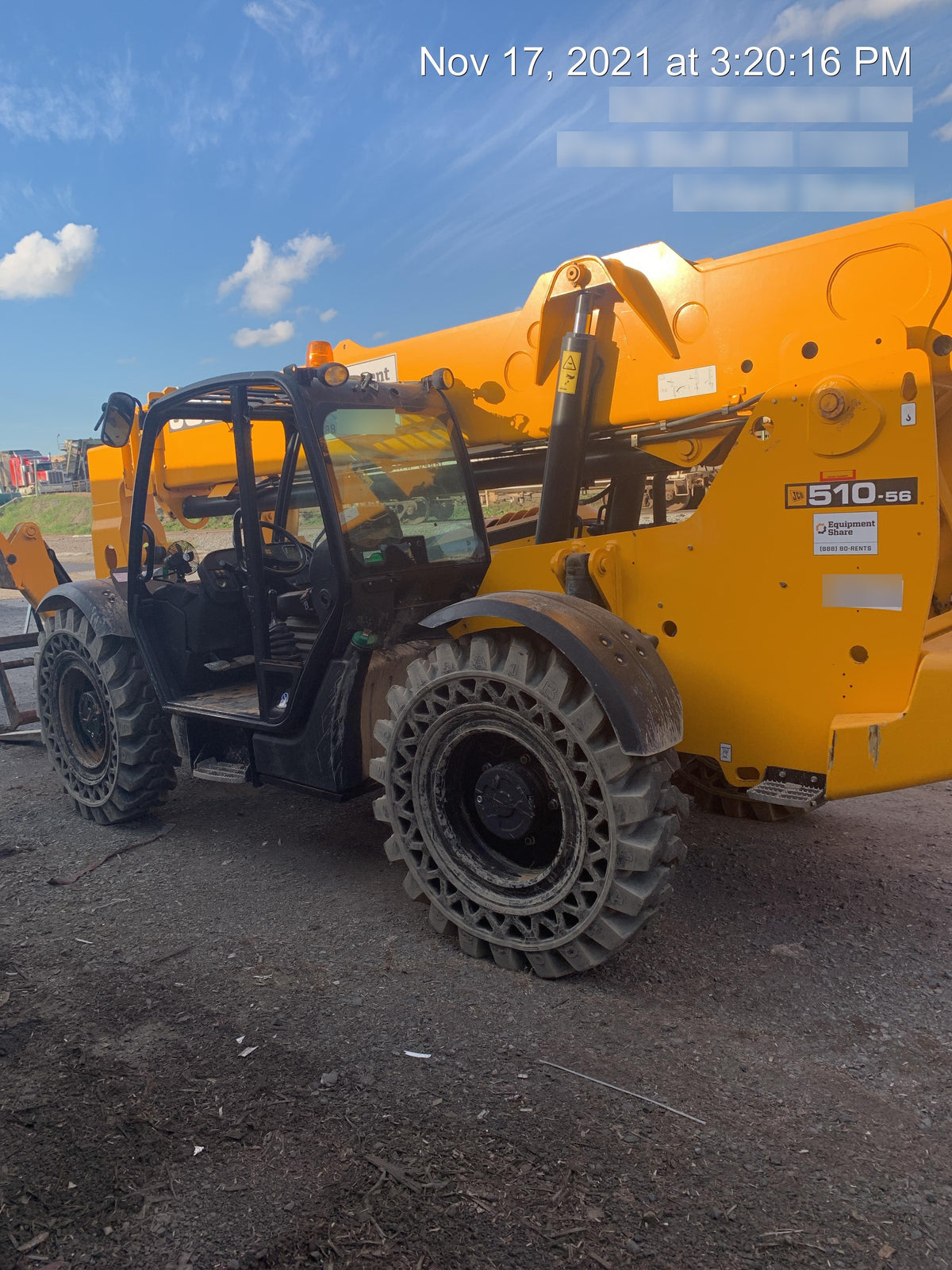2019 JCB 510-56 74 HP w/Open ROPS, Beacon, Aux Hydraulics, Worklights, Solid Tires 60" Carriage/Forks