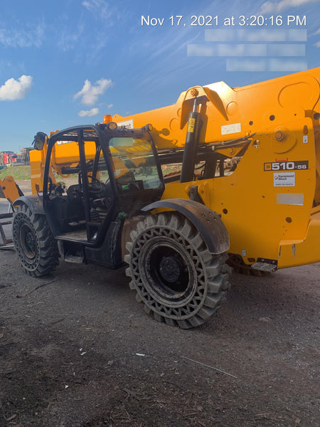 2019 JCB 510-56 74 HP w/Open ROPS, Beacon, Aux Hydraulics, Worklights, Solid Tires 60" Carriage/Forks