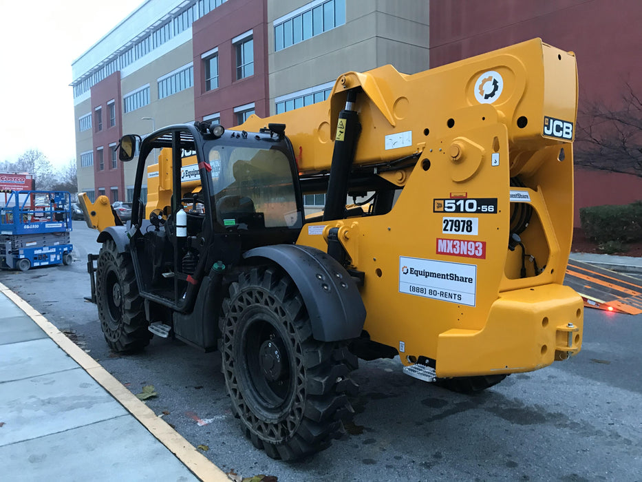 2019 JCB 510-56 74 HP w/Open ROPS, Beacon, Aux Hydraulics, Worklights, Solid Tires w/60" Carriage/Forks