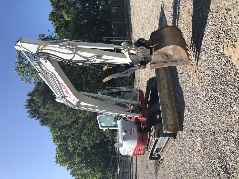 2019 Takeuchi TB290 Cab, AC, Rubber Tracks, Dozer Blade, Travel Alarm, Control Pattern Change Valve, Auxiliary Hydraulics w/18" Quick Coupler Bucket with teeth, 6.2 cu. ft. capacity/24" Quick Coupler Bucket with teeth, 8.6 cu. ft. capacity/36" Quick Coupler Bucket with teeth, 13.4 cu. ft. capacity, Quick Coupler, Hydraulic Thumb Installed
