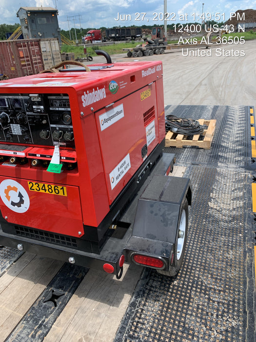 2022 Shindaiwa DGW400MDL Kubota D902 Engine, 23 HP, Dual Op Welder, Wire, Arc, Droop Stick, Tig, and CC Stick Functionality, Simulphase, 3 Phase and 1 Phase Gen Output, Single Axle NB Trlr, Slr Trckl Chrg 12V 12W, Fire Ext