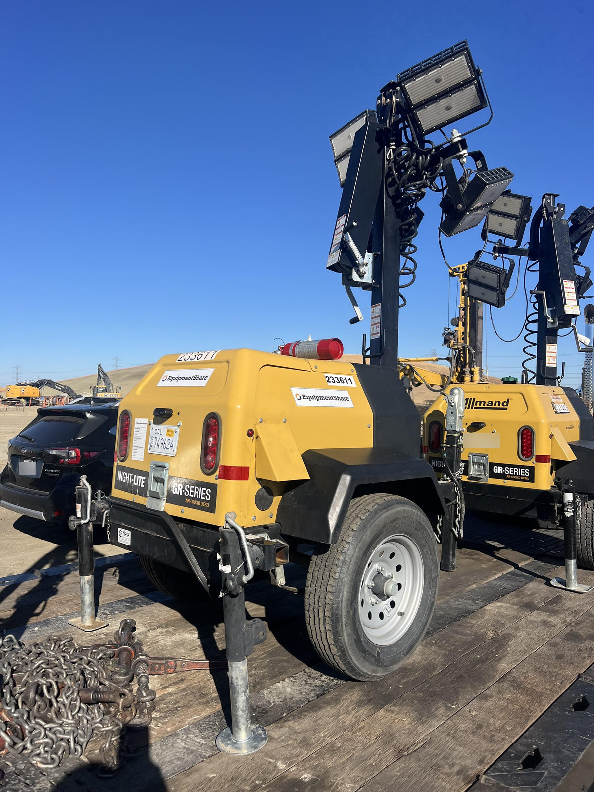 Allmand NLV3GR (4) LED Light Fixture 350W, 23' Vertical Mast, 3kW Prime, Towable, Deep Sea L401, Leveling Jacks, Yanmar T4F 5.8hp