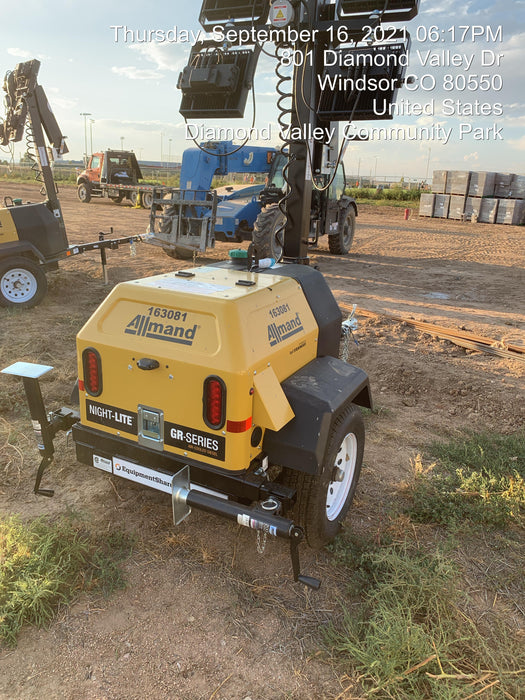 2021 Allmand NLV3GR (4) LED Light Fixture 350W, 23' Vertical Mast, 3kW Prime, Towable, Deep Sea L401, Leveling Jacks, Yanmar T4F 5.8hp