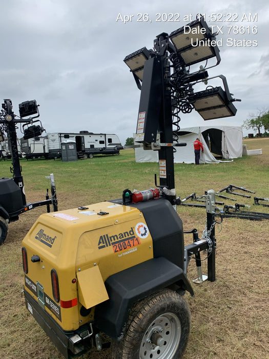 2022 Allmand NLV3GR (4) LED Light Fixture 350W, 23' Vertical Mast, 3kW Prime, Towable, Deep Sea L401, Leveling Jacks, Yanmar T4F 5.8hp