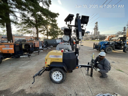 Allmand NLV3GR (4) LED Light Fixture 350W, 23' Vertical Mast, 3kW Prime, Towable, Deep Sea L401, Leveling Jacks, Yanmar T4F 5.8hp
