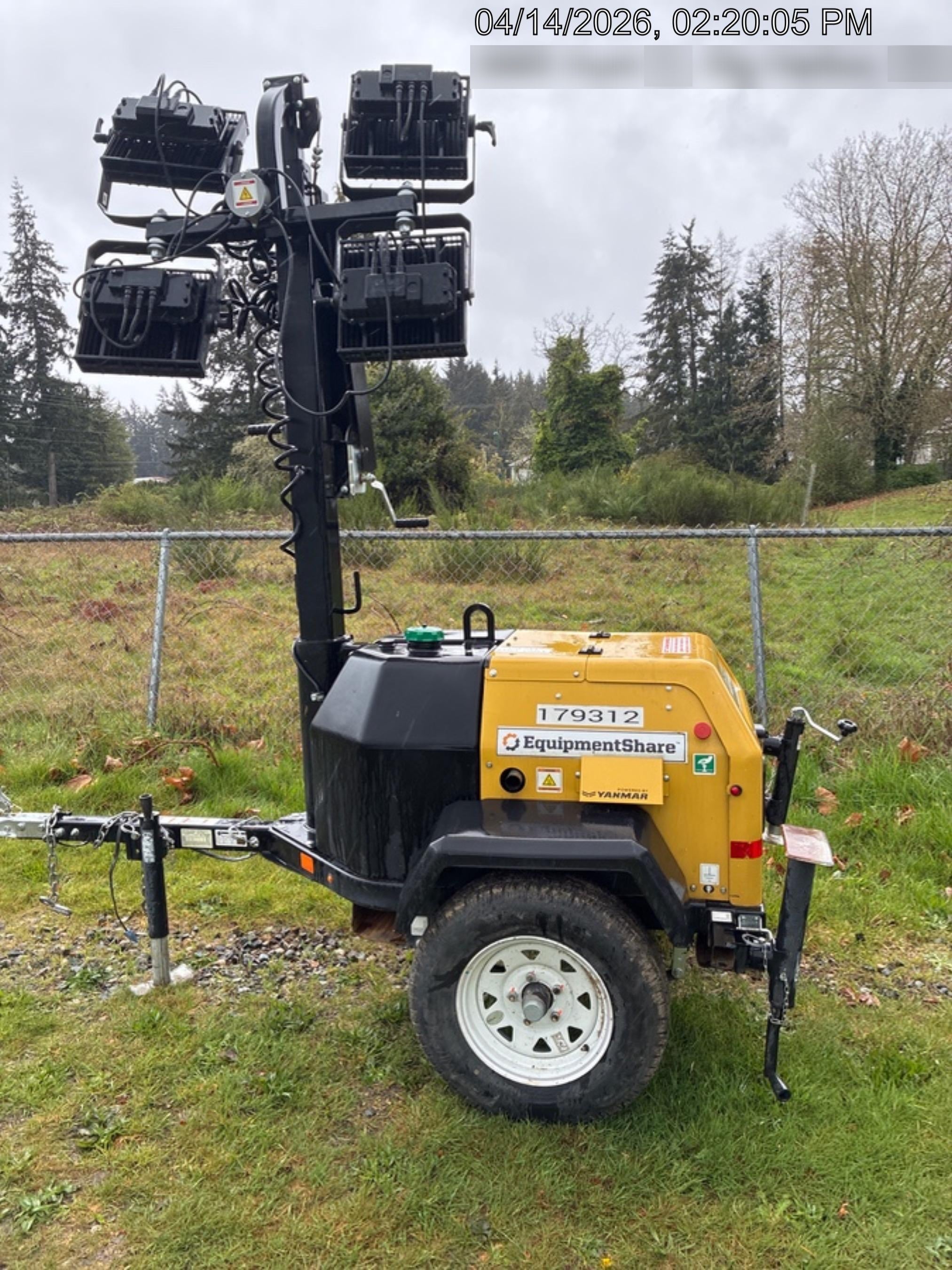 Allmand NLV3GR (4) LED Light Fixture 350W, 23' Vertical Mast, 3kW Prime, Towable, Deep Sea L401, Leveling Jacks, Yanmar T4F 5.8hp