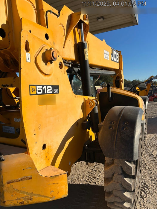2019 JCB 512-56 109 HP w/Open ROPS, Beacon, Aux Hydraulics, Worklights, Solid Tires w/60" Carriage/Forks
