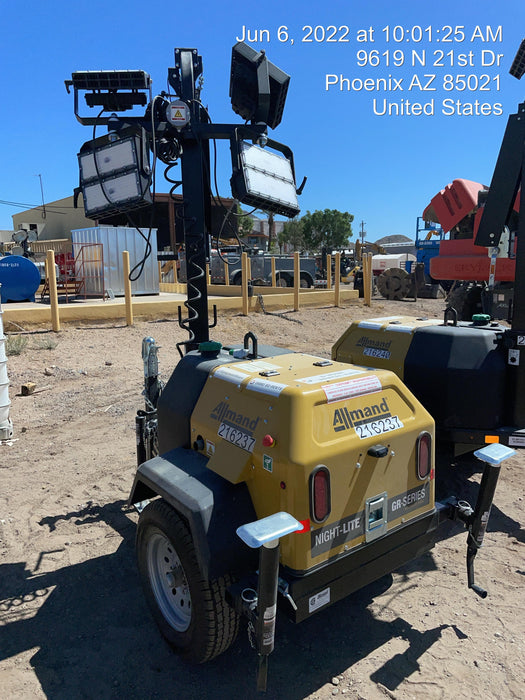 2022 Allmand NLV3GR (4) LED Light Fixture 350W, 23' Vertical Mast, 3kW Prime, Towable, Deep Sea L401, Leveling Jacks, Yanmar T4F 5.8hp