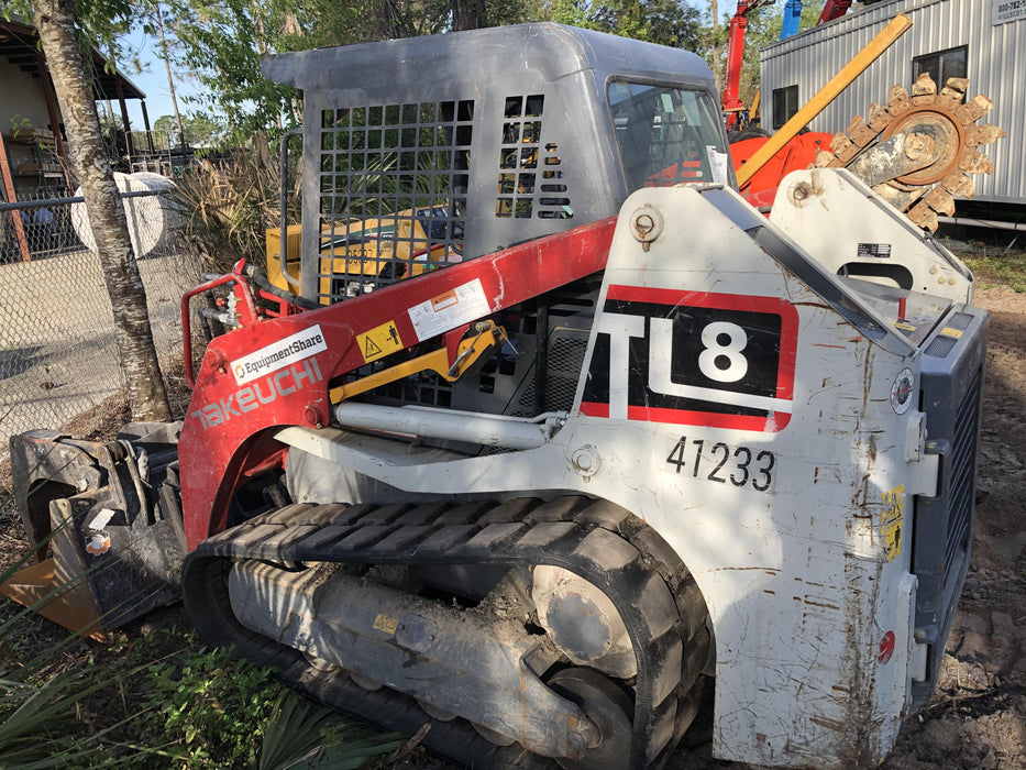2019 Takeuchi TL8 Canopy, 15" Wide Rubber Tracks, Back-up Alarm, Front & Rear Working Lights, Auxiliary Hydraulics, Two-Speed Travel, Electronic Monitoring System 76" HD Smooth Dirt Bucket with Bolt-On Edge, 20.3 cubic feet Capacity