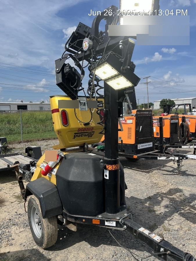 2022 Allmand NLV3GR (4) LED Light Fixture 350W, 23' Vertical Mast, 3kW Prime, Towable, Deep Sea L401, Leveling Jacks, Yanmar T4F 5.8hp
