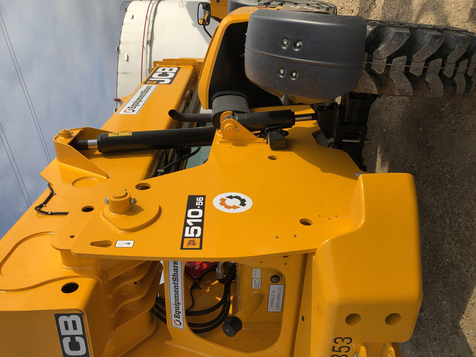 2020 JCB 510-56 Cab/Heat/Air, 74 HP, Solid Tires, STD Worklight, Beacon, Aux Hydraulics, Lifting Eye, Back up Alarm w/66" Carriage/60" Forks