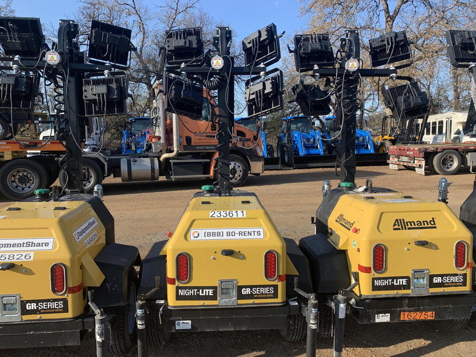 2022 Allmand NLV3GR (4) LED Light Fixture 350W, 23' Vertical Mast, 3kW Prime, Towable, Deep Sea L401, Leveling Jacks, Yanmar T4F 5.8hp