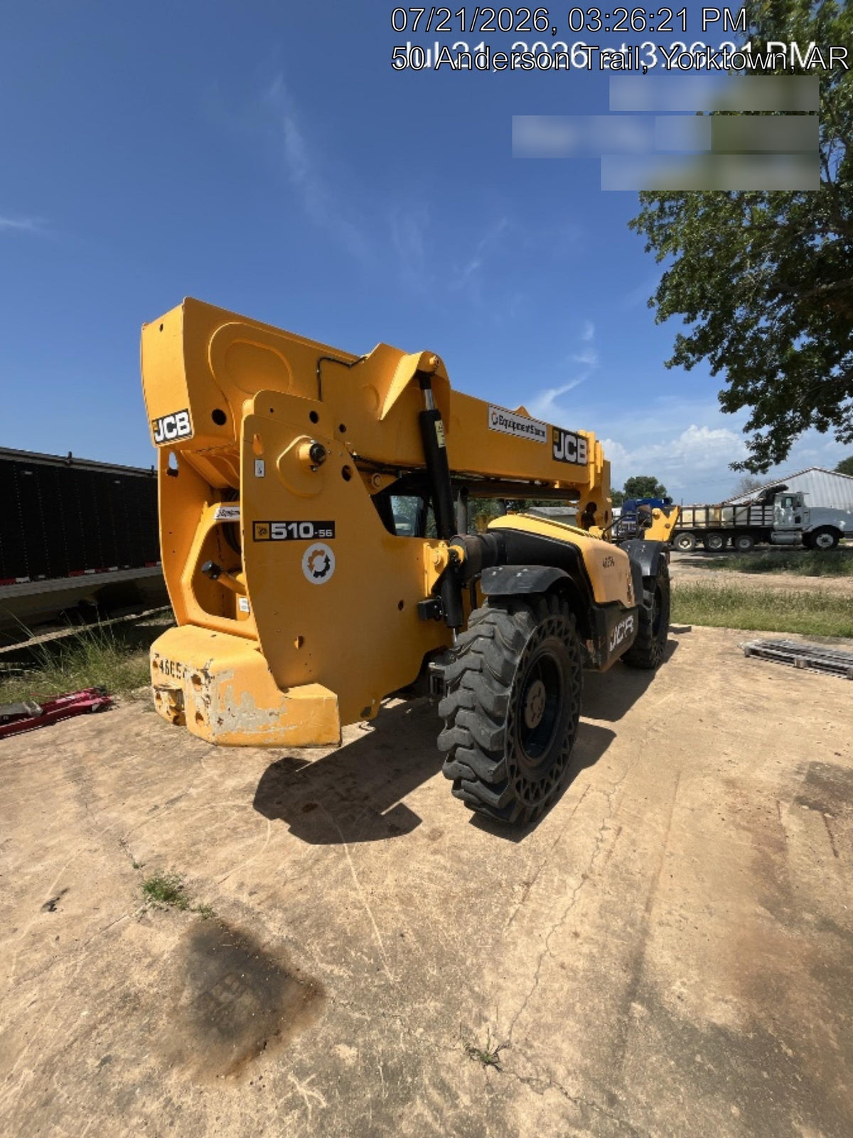 2019 JCB 510-56 Canopy, 74 HP, Solid Tires, STD Worklight, Beacon, Aux Hydraulics, Lifting Eye, Back up Alarm w/66" Carriage/60" Forks
