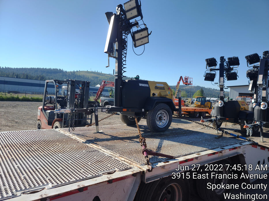 2021 Allmand NLV3GR (4) LED Light Fixture 350W, 23' Vertical Mast, 3kW Prime, Towable, Deep Sea L401, Leveling Jacks, Yanmar T4F 5.8hp