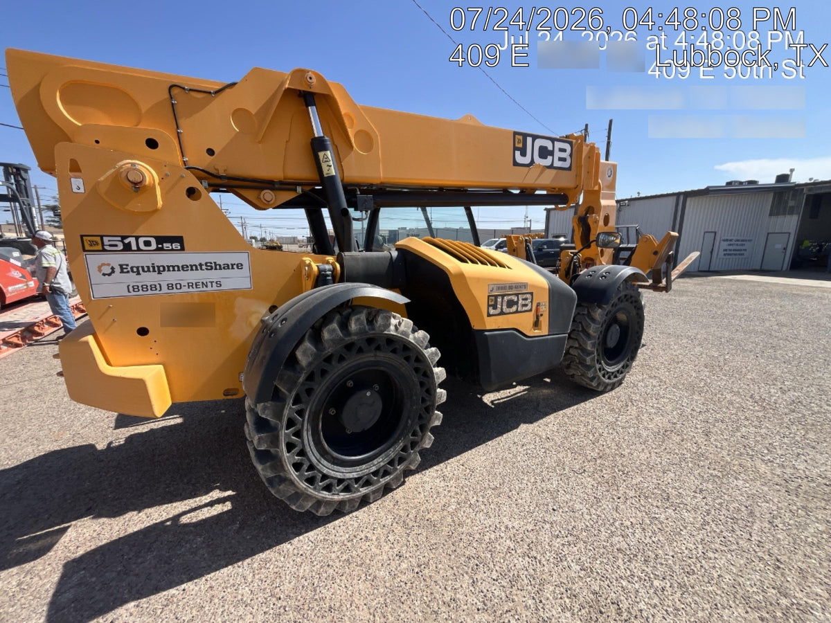 2019 JCB 510-56 JCB 510-56 74 HP w/Open ROPS, Beacon, Aux Hydraulics, Worklights, Solid Tires, 60" Carriage/Forks