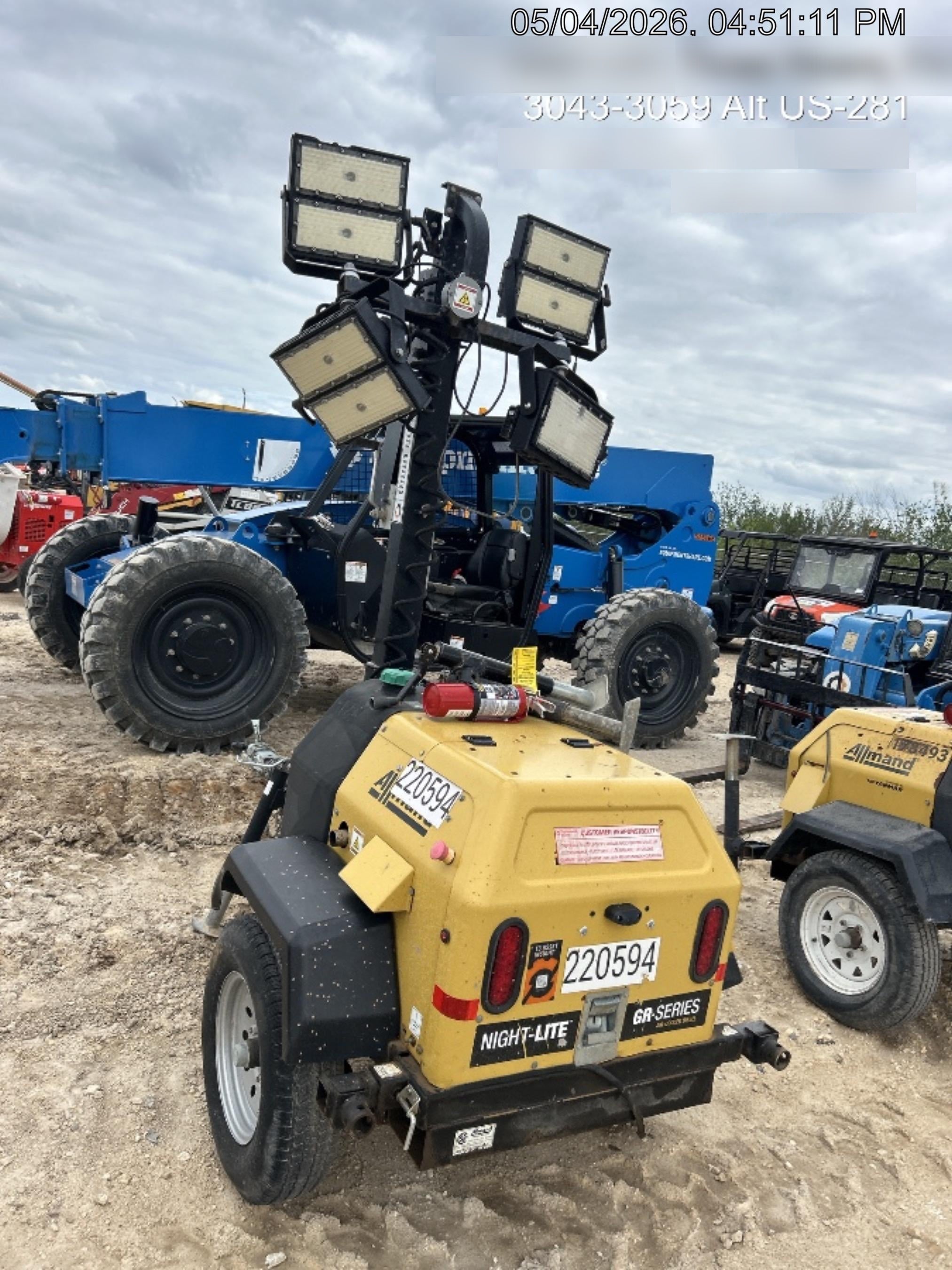 2022 Allmand NLV3GR (4) LED Light Fixture 350W, 23' Vertical Mast, 3kW Prime, Towable, Deep Sea L401, Leveling Jacks, Yanmar T4F 5.8hp