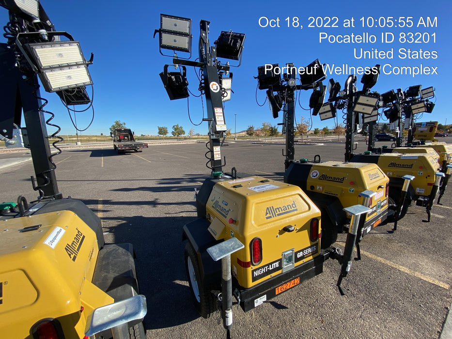 2022 Allmand NLV3GR (4) LED Light Fixture 350W, 23' Vertical Mast, 3kW Prime, Towable, ES Decals, T3