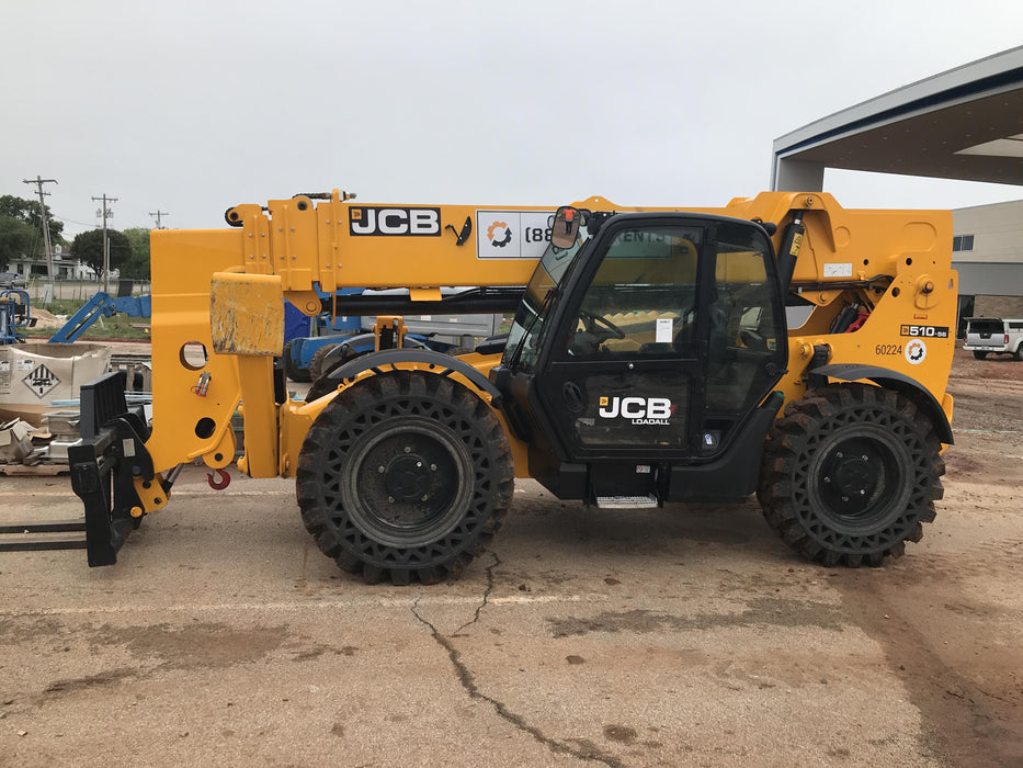 2020 JCB 510-56 Cab/Heat/Air, 74 HP, Solid Tires, STD Worklight, Beacon, Aux Hydraulics, Lifting Eye, Back up Alarm w/66" Carriage/60" Forks