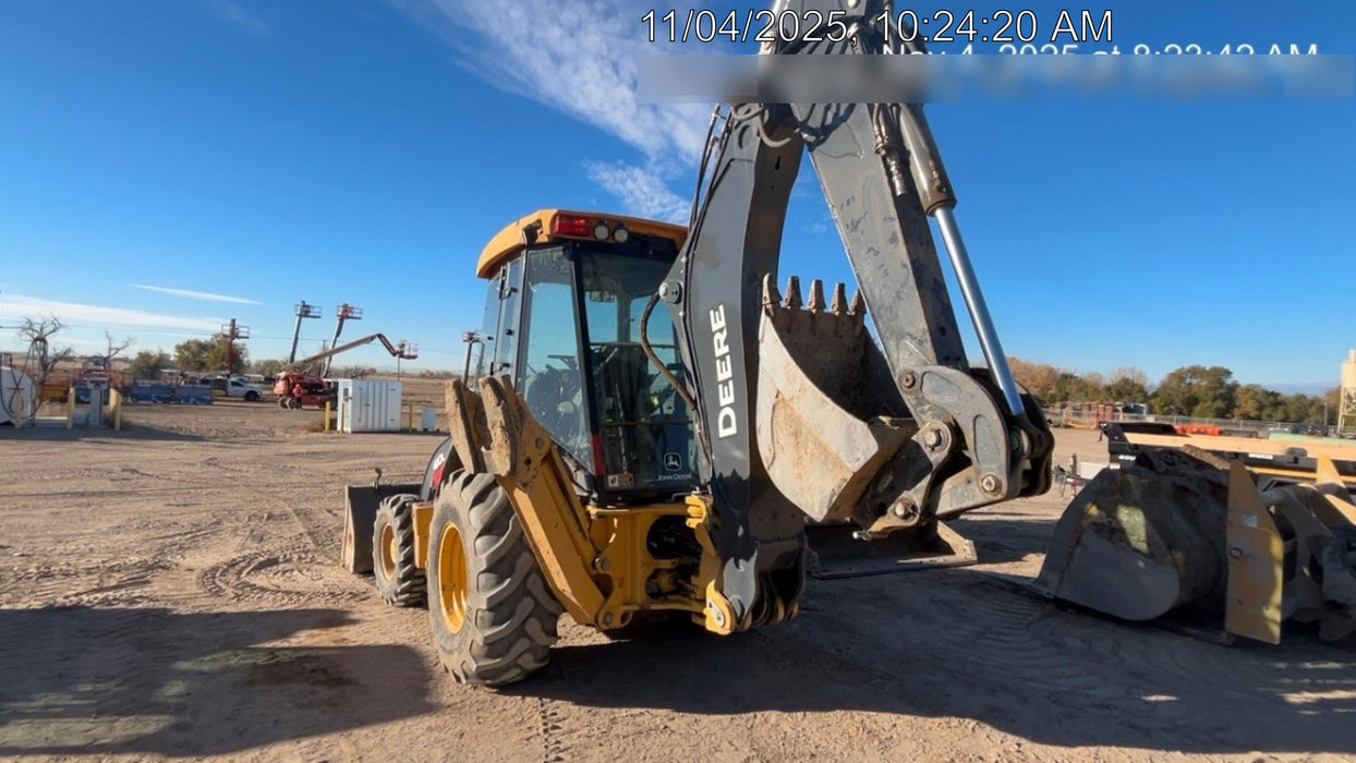 2019 John Deere 410L 4WD, CAB/HVAC, Standard Dipperstick, ISO Controls, Rear Aux Hydraulics, Manual QC w/1.5 Yd Bucket w/Forks, 24" Bucket