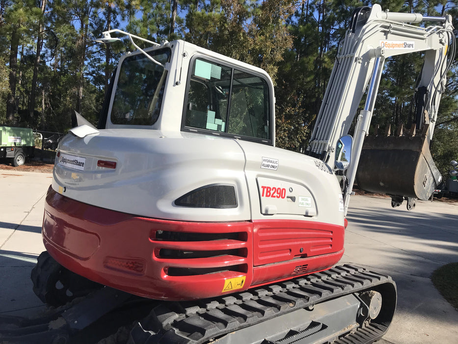 2019 Takeuchi TB290 Cab, AC, Rubber Tracks, Dozer Blade, Travel Alarm, Control Pattern Change Valve, Auxiliary Hydraulics w/18" Quick Coupler Bucket with teeth, 6.2 cu. ft. capacity/24" Quick Coupler Bucket with teeth, 8.6 cu. ft. capacity/36" Quick Coupler Bucket with teeth, 13.4 cu. ft. capacity, Quick Coupler, Hydraulic Thumb Installed