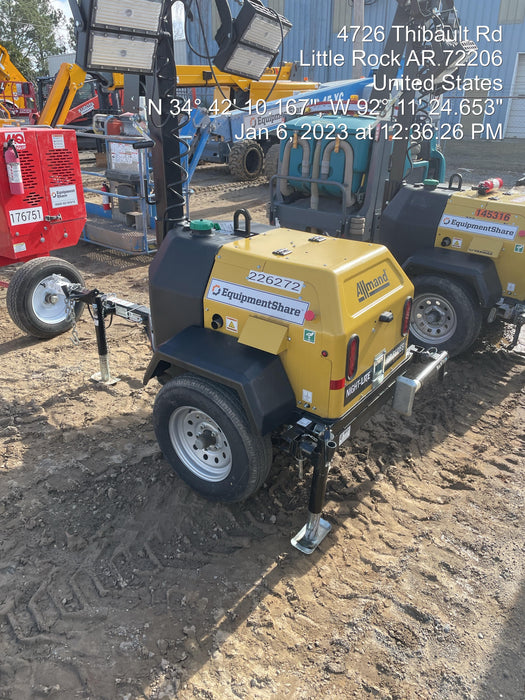 2022 Allmand NLV3GR (4) LED Light Fixture 350W, 23' Vertical Mast, 3kW Prime, Towable, Deep Sea L401, Leveling Jacks, Yanmar T4F 5.8hp