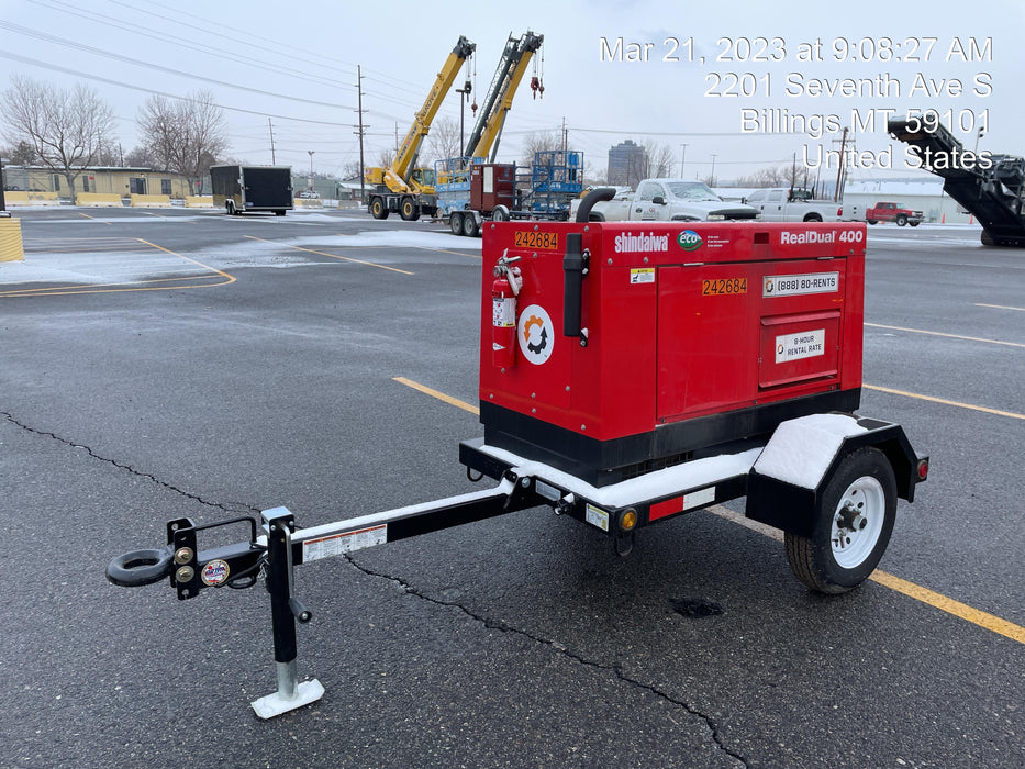 2022 Shindaiwa DGW400MDL Kubota D902 Engine, 23 HP, Dual Op Welder, Wire, Arc, Droop Stick, Tig, and CC Stick Functionality, Simulphase, 3 Phase and 1 Phase Gen Output, Single Axle NB Trlr, Slr Trckl Chrg 12V 12W, Fire Ext