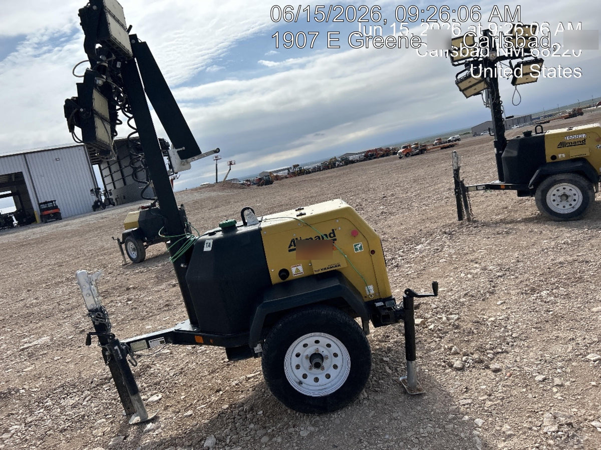 Allmand NLV3GR (4) LED Light Fixture 350W, 23' Vertical Mast, 3kW Prime, Towable, Deep Sea L401, Leveling Jacks, Yanmar T4F 5.8hp