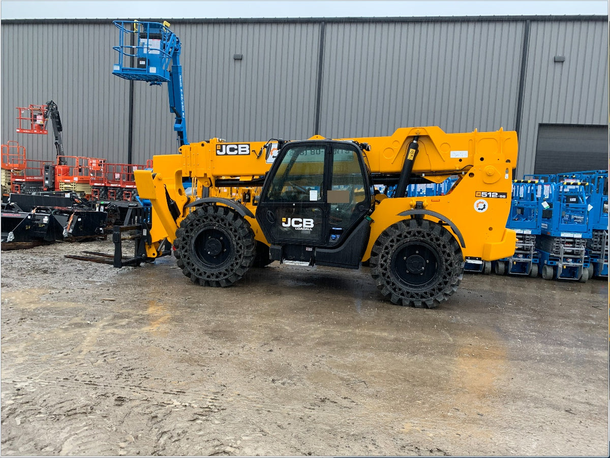 2019 JCB 512-56 Cab/Heat/Air, 109 HP, Solid Tires, STD Worklight, Beacon, Aux Hydraulics, Lifting Eye, Back up Alarm w/66" Carriage/60" Forks