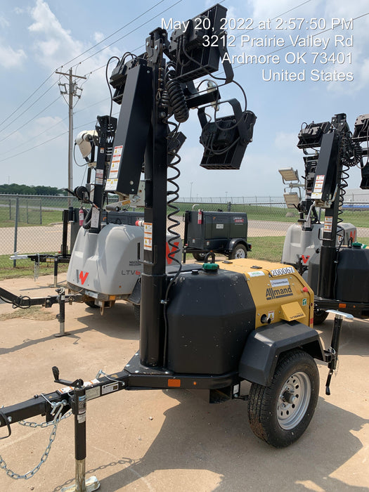 2022 Allmand NLV3GR (4) LED Light Fixture 350W, 23' Vertical Mast, 3kW Prime, Towable, Deep Sea L401, Leveling Jacks, Yanmar T4F 5.8hp