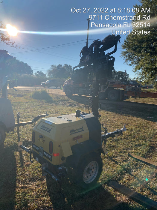 2022 Allmand NLV3GR (4) LED Light Fixture 350W, 23' Vertical Mast, 3kW Prime, Towable, Deep Sea L401, Leveling Jacks, Yanmar T4F 5.8hp