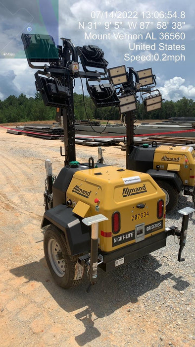 2022 Allmand NLV3GR (4) LED Light Fixture 350W, 23' Vertical Mast, 3kW Prime, Towable, Deep Sea L401, Leveling Jacks, Yanmar T4F 5.8hp