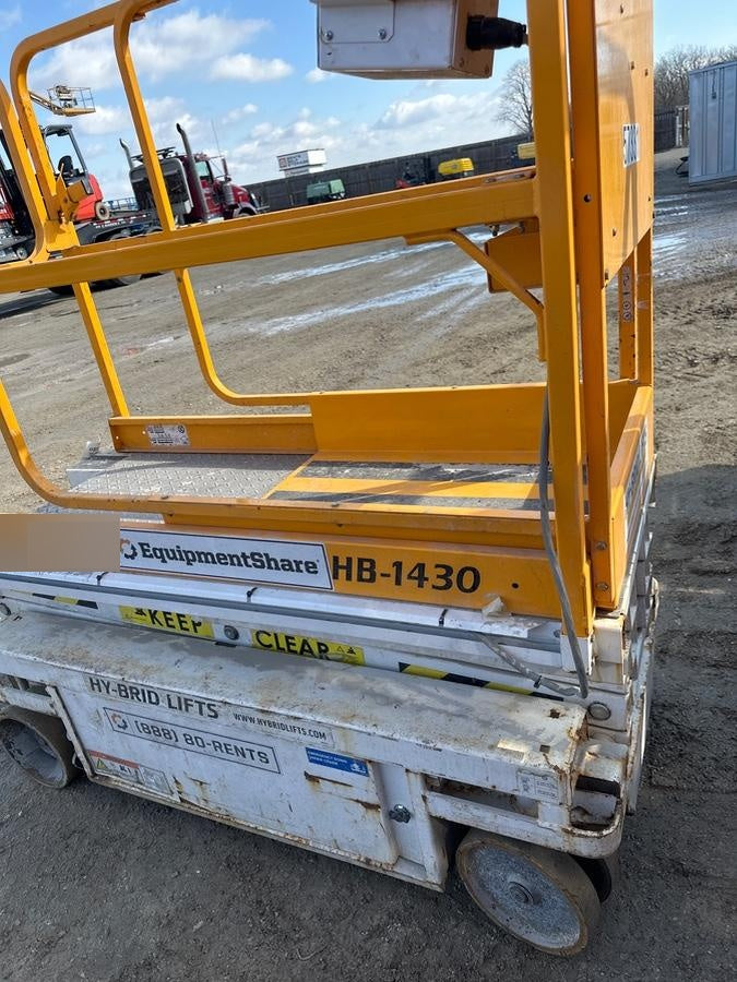 Custom Equipment HB-1430 <ul>
 <li>Hy-Brid Scissor Lift</li>
  <li>Platform capacity up to 670 lbs.</li>
  <li>Working height up to 20 ft</li>
  <li>Weighs under 1,700 lbs.</li>
  <li>Non-marking wheels </li>
</ul>