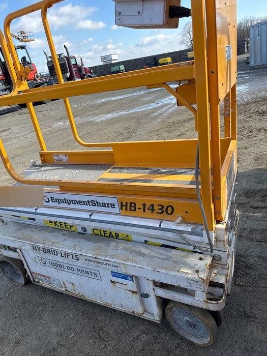 Custom Equipment HB-1430 <ul>
 <li>Hy-Brid Scissor Lift</li>
  <li>Platform capacity up to 670 lbs.</li>
  <li>Working height up to 20 ft</li>
  <li>Weighs under 1,700 lbs.</li>
  <li>Non-marking wheels </li>
</ul>