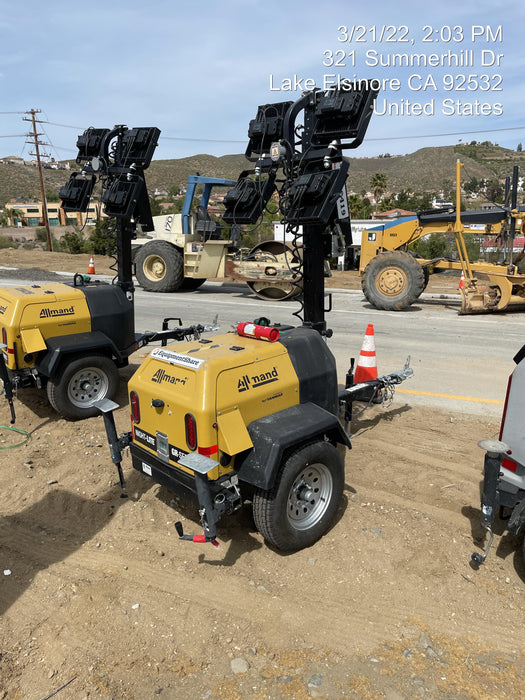 2021 Allmand NLV3GR (4) LED Light Fixture 350W, 23' Vertical Mast, 3kW Prime, Towable, Deep Sea L401, Leveling Jacks, Yanmar T4F 5.8hp