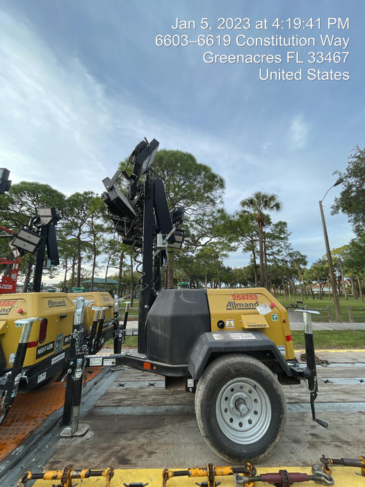 2022 Allmand NLV3GR (4) LED Light Fixture 350W, 23' Vertical Mast, 3kW Prime, Towable, ES Decals, T3