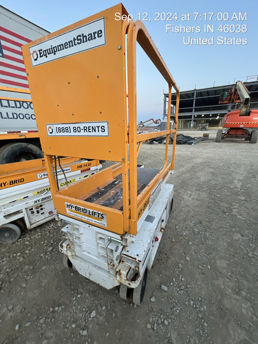 Custom Equipment HB-1430 Hy-Brid Scissor Lift
Platform capacity up to 670 lbs
Working height up to 20 ft
Weighs under 1,700 lbs
Non-marking wheels