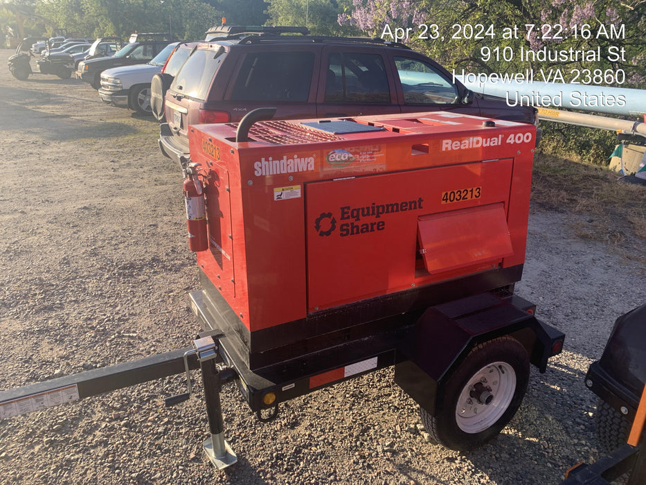 2024 Shindaiwa DGW400MDL Kubota D902 Engine, 23 HP, Dual Op Welder, Wire, Arc, Droop Stick, Tig, and CC Stick Functionality, Simulphase, 3 Phase and 1 Phase Gen Output, Single Axle NB Trlr, Slr Trckl Chrg 12V 12W, Fire Ext