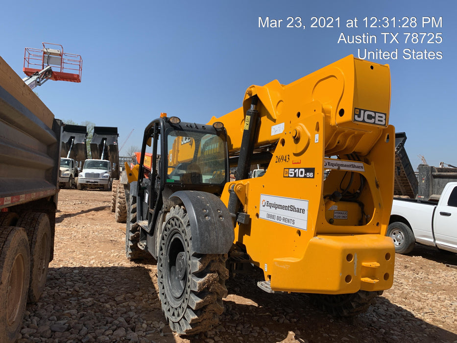 2019 JCB 510-56 74 HP w/Open ROPS, Beacon, Aux Hydraulics, Worklights, Solid Tires w/60" Carriage/Forks