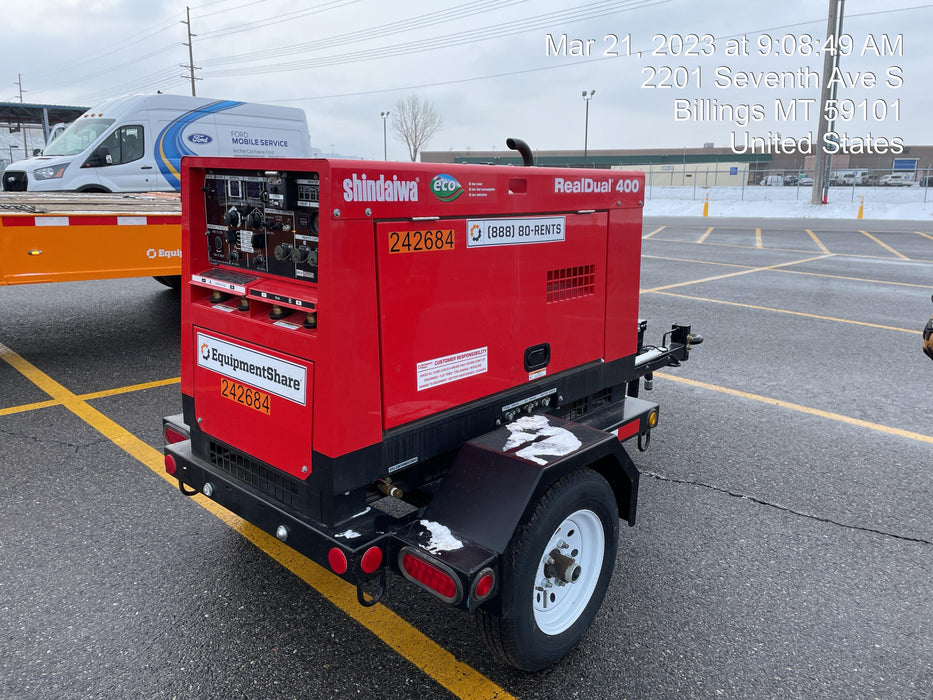 2022 Shindaiwa DGW400MDL Kubota D902 Engine, 23 HP, Dual Op Welder, Wire, Arc, Droop Stick, Tig, and CC Stick Functionality, Simulphase, 3 Phase and 1 Phase Gen Output, Single Axle NB Trlr, Slr Trckl Chrg 12V 12W, Fire Ext