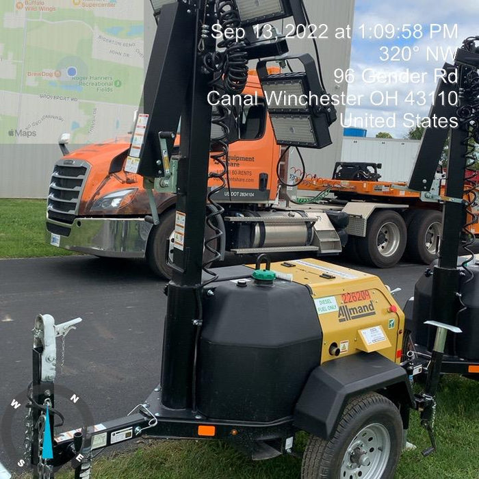 2022 Allmand NLV3GR (4) LED Light Fixture 350W, 23' Vertical Mast, 3kW Prime, Towable, Deep Sea L401, Leveling Jacks, Yanmar T4F 5.8hp