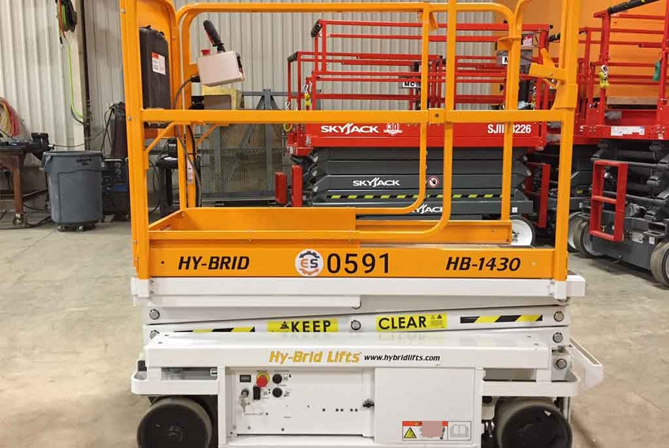 Custom Equipment HB-1430 Hy-Brid Scissor Lift
Platform capacity up to 670 lbs
Working height up to 20 ft
Weighs under 1,700 lbs
Non-marking wheels