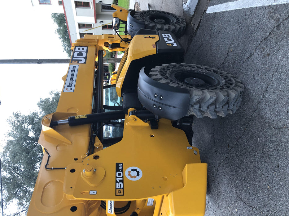 2020 JCB 510-56 Cab/Heat/Air, 74 HP, Solid Tires, STD Worklight, Beacon, Aux Hydraulics, Lifting Eye, Back up Alarm w/66" Carriage/60" Forks