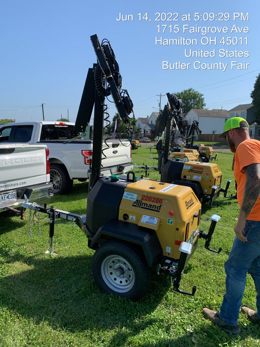 2022 Allmand NLV3GR (4) LED Light Fixture 350W, 23' Vertical Mast, 3kW Prime, Towable, Deep Sea L401, Leveling Jacks, Yanmar T4F 5.8hp